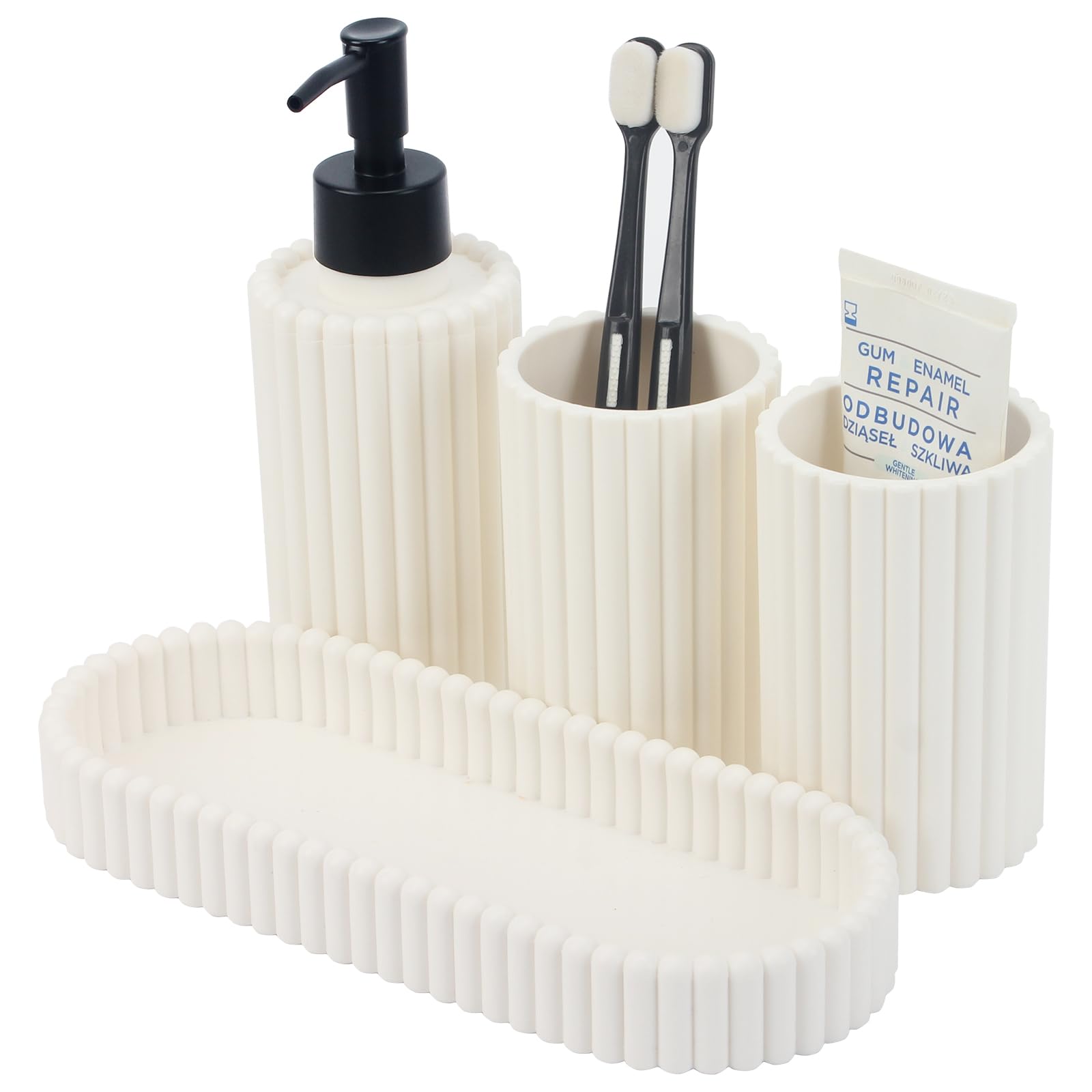 Topsky Bathroom Accessories Set - 4 Pcs Bathroom Organiser with Soap Dispenser, Toothbrush Tumbler & Holder, Tray - BPA Free (White)