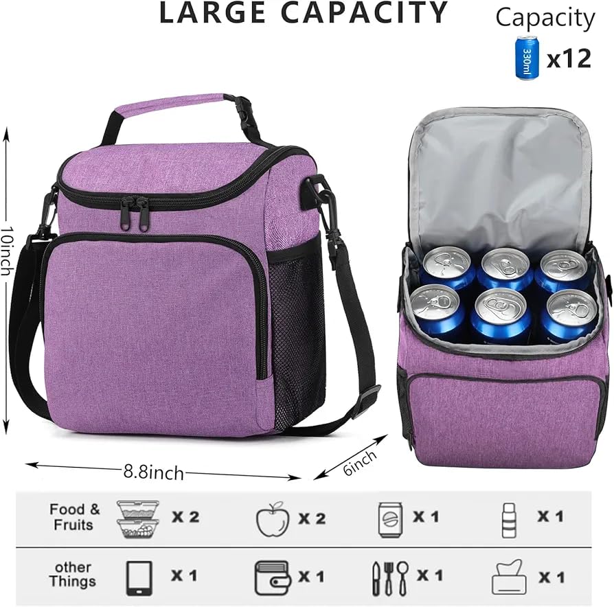 Image of Insulated Lunch Bag with Shoulder Strap, Large Cooler Tote Bag, Black, for Work and Travel (Purple)