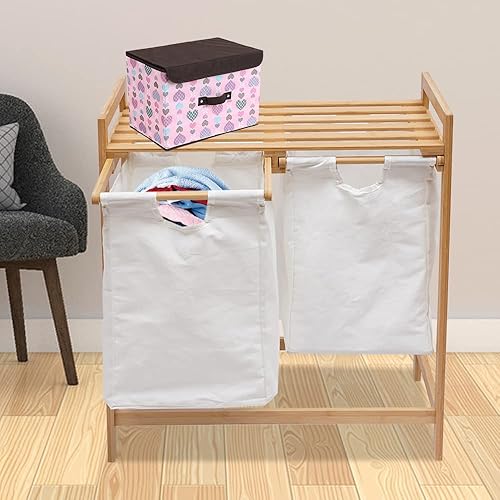 Miniatura 9 de CNCEST Cesta de lavandería de bambú, almacenamiento de ropa, 2 secciones de bambú separadas, cesta organizadora de lavandería doble con bolsa de