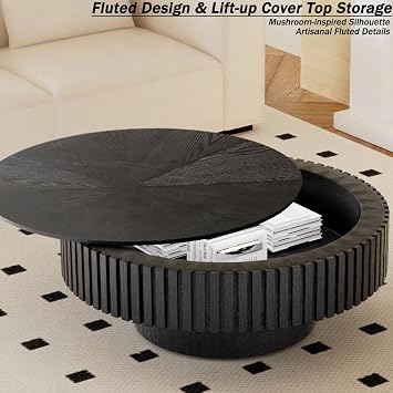 Round Coffee Table with Storage, Modern Handcraft Fluted Drum Coffee Table Wood Circle Center Table with Sturdy Pedestal for Living Room Apartment (Black)