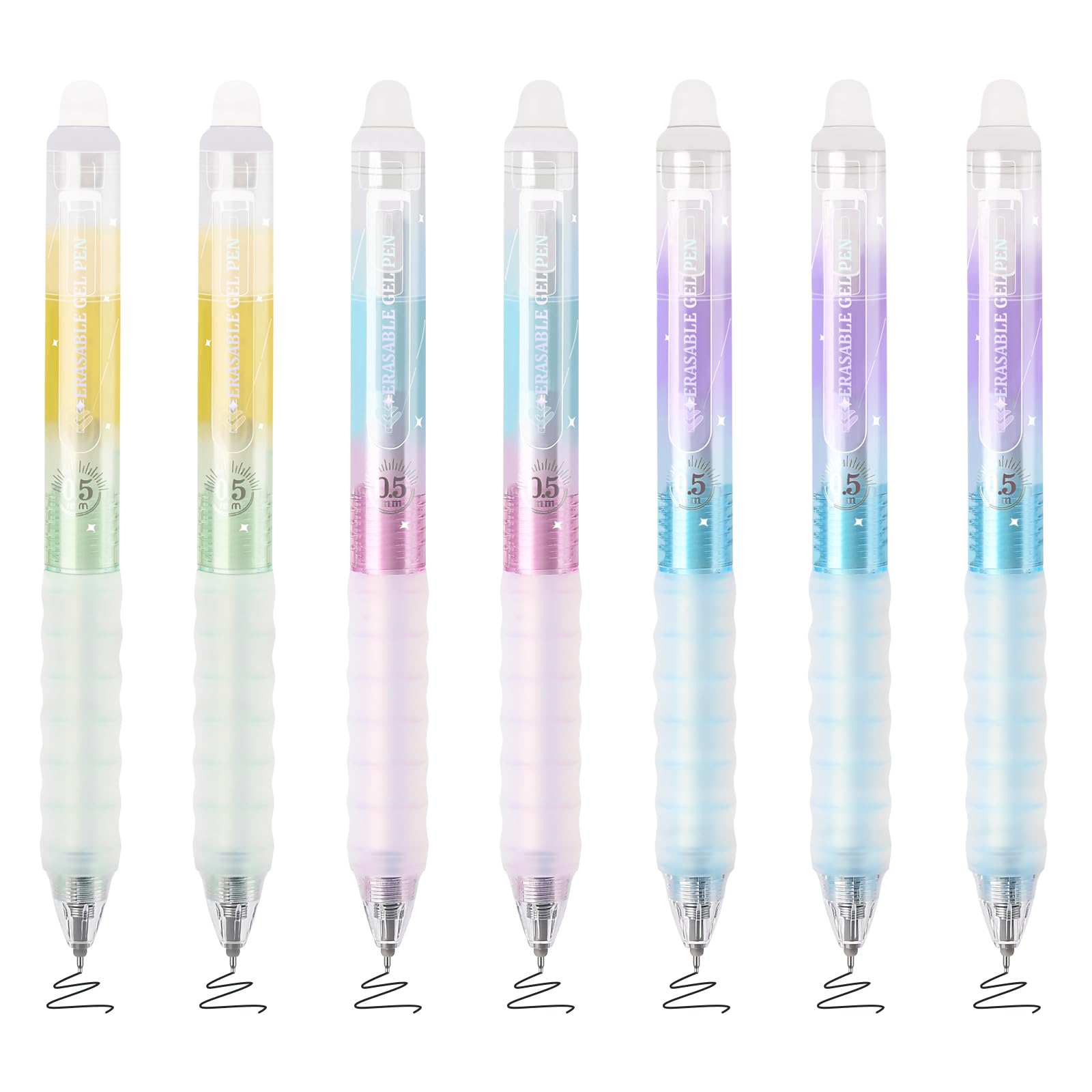 BAYTORY 7 Pcs Erasable Gel Pens, Gradient Pen Barrel Rub Out Pens with Eraser, Smooth Writing Pen for Journaling Note Drawing（Black Ink）