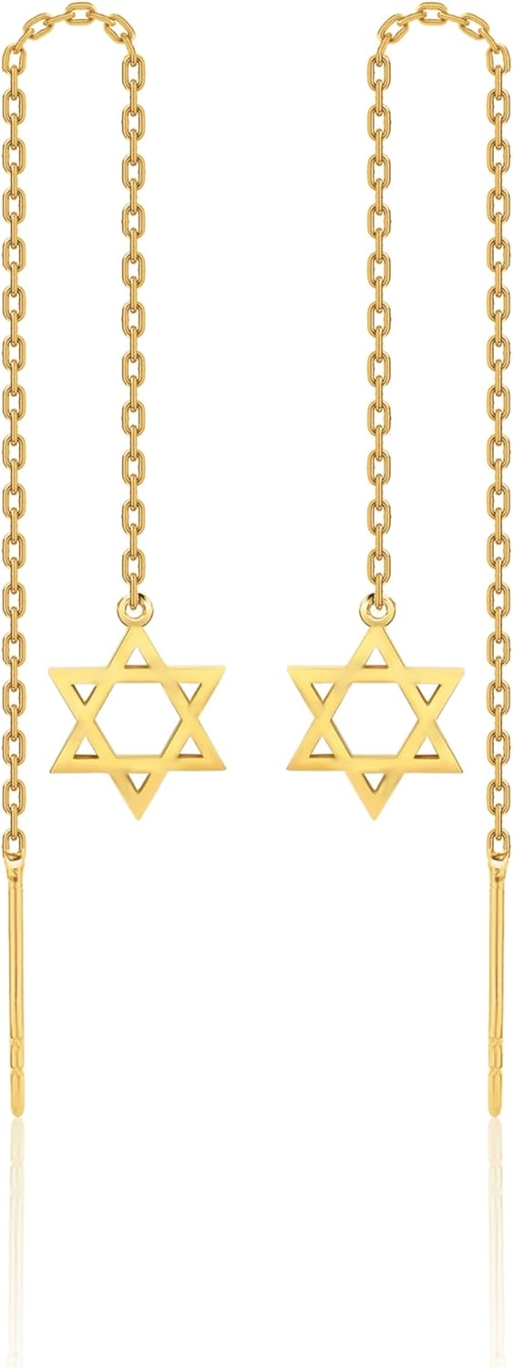 925 Sterling Silver Star of David Threader Dangle Earrings for Women | Minimalist Chain Earrings Double Piercings | Dangle Magen David Earrings (Sterling silver)