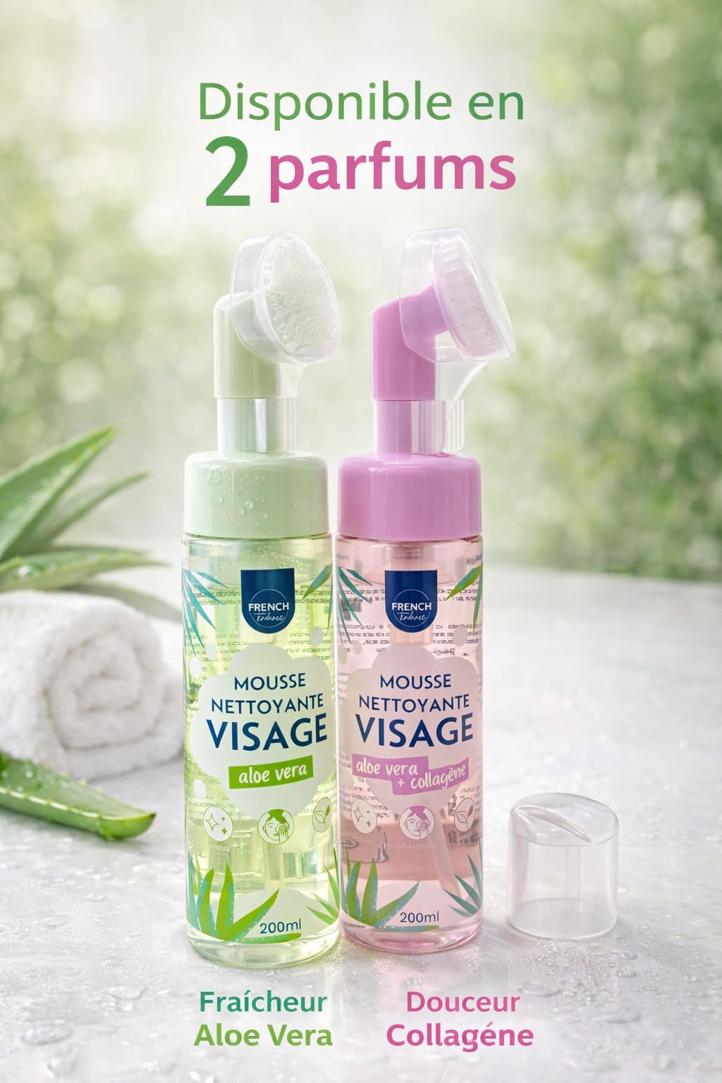 Mousse Nettoyante Visage Aloe Vera 200ml avec Brosse Intégrée – Nettoie, Démaquille et Purifie – Soin Quotidien Hydratant – FRENCH Beauté