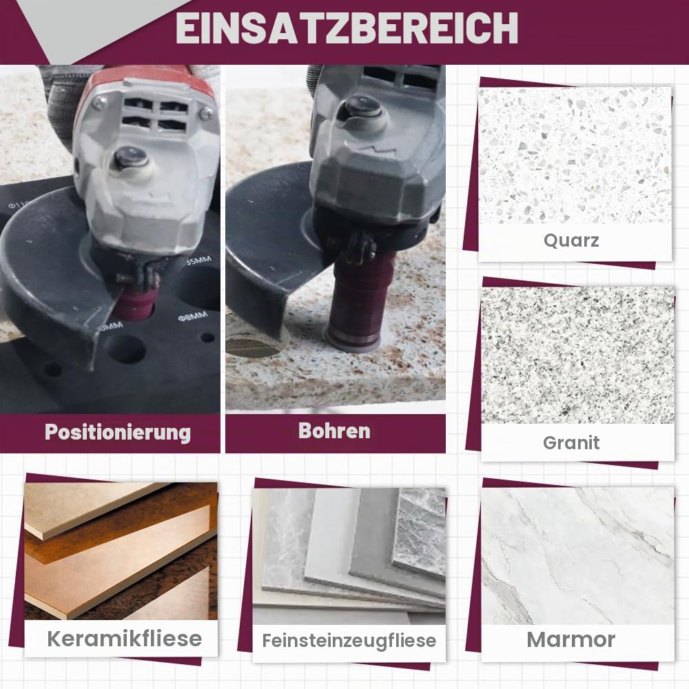 Diamant Fliesenbohrer Set 12 Stücke - 9 Stücke 6/6/8/20/25/35/50/68/110mm x M14 Bohrkronen, 20mm Fingerfräser, 50mm Fasenfräser, Adapter für Fliesen Keramik Porzellan Marmor Granit