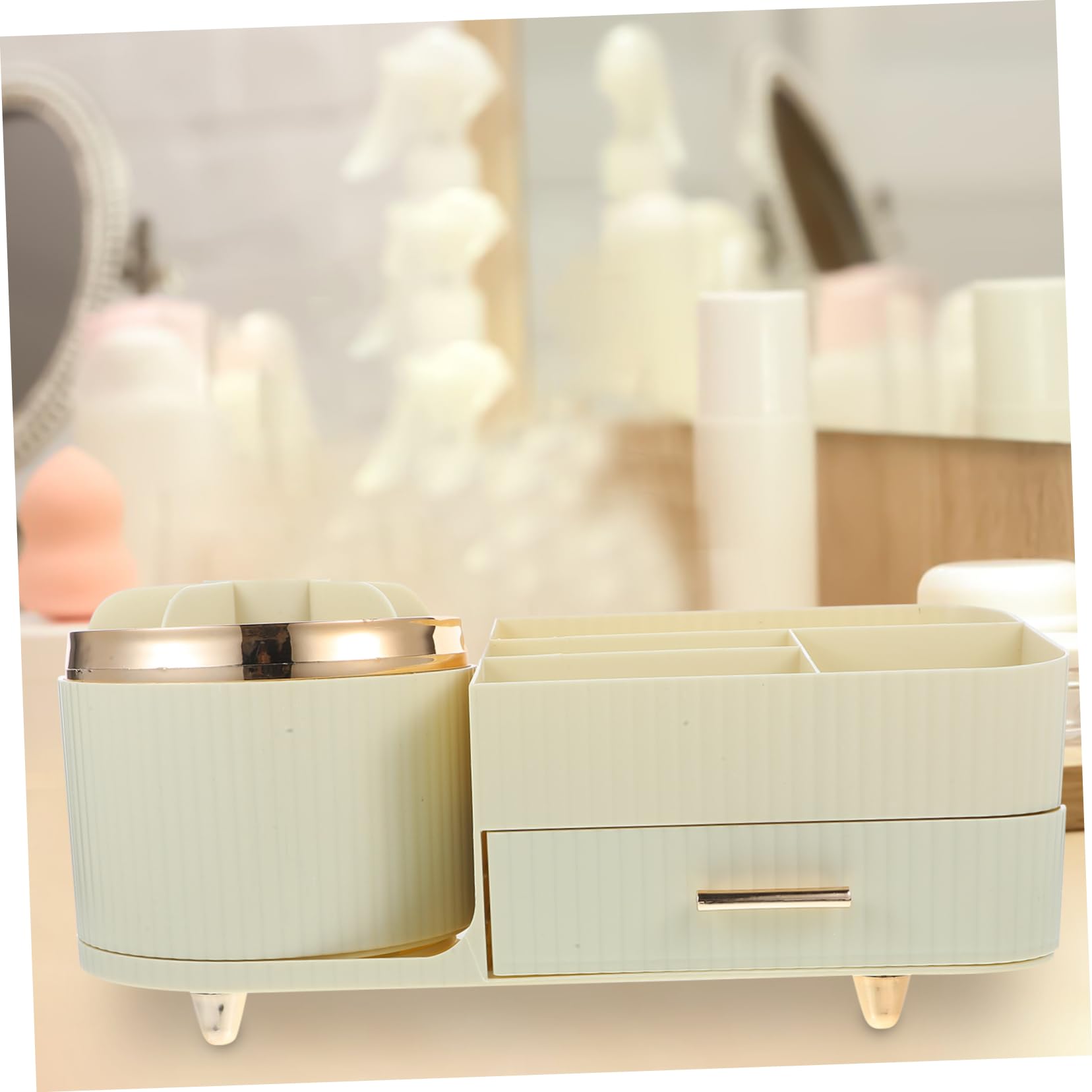 Amosfun Drehbarer Make Up Pinselhalter mit Organizer, Groß, Pet, Beige