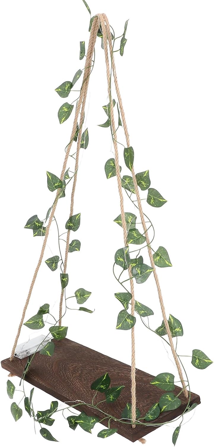 Gadpiparty Wood Wall-Mounted Floating Shelf with LED Strip and Artificial Vine Garland, 2pcs Set, Decorative Storage Rack for Bedroom Living Room Home Décor