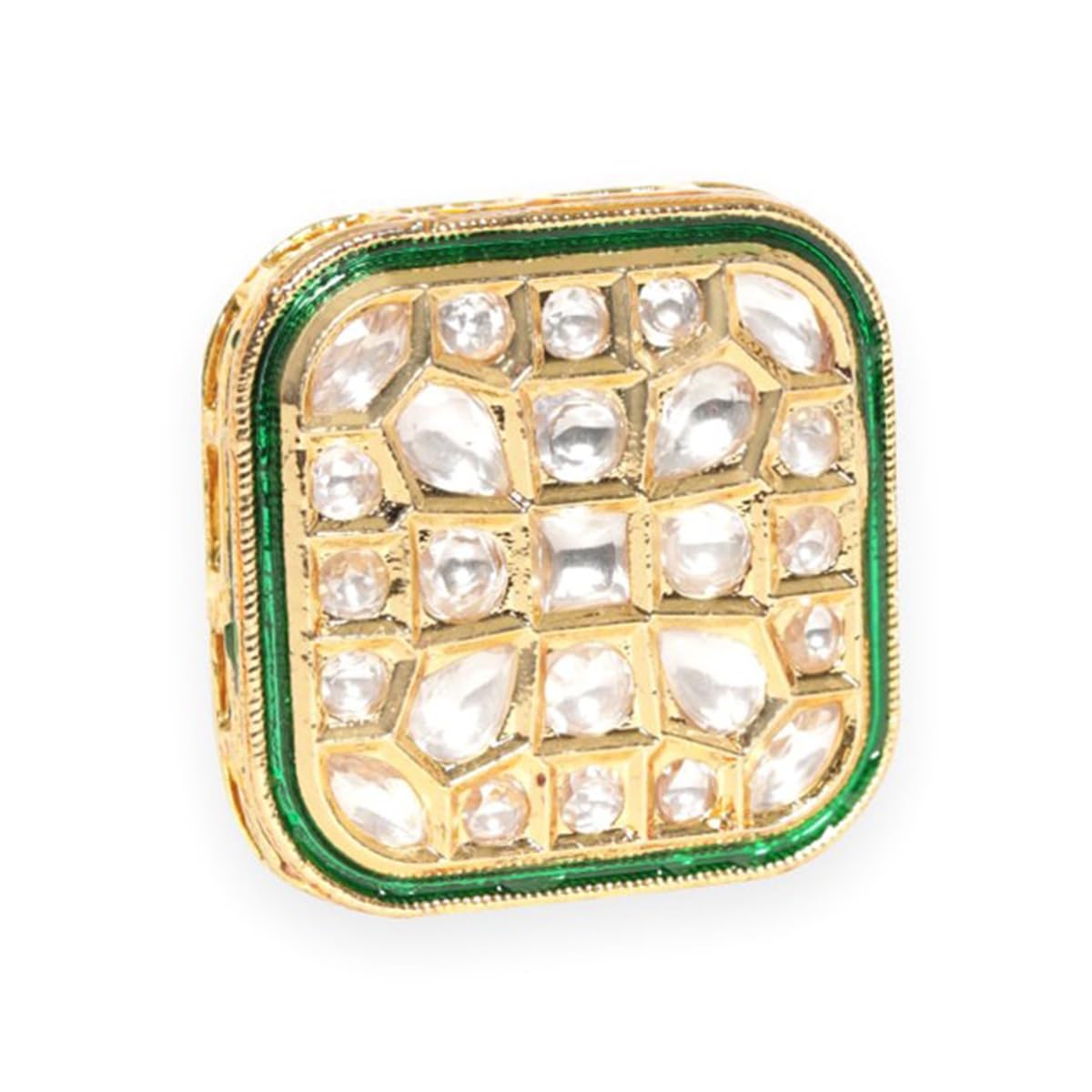 22K Gold-Plated Kundan-Studded Green Enamelled Adjustable Finger Ring for Women & Girls-image-25