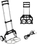 Chariot à main pliant Portable Chariot pliable à main à bagages en aluminium Dolly Cart Push Truck Noir Charge maximale 180 lbs, avec cordon noir Bungee, poignée télescopique, roues en caoutchouc avec roulements doubles