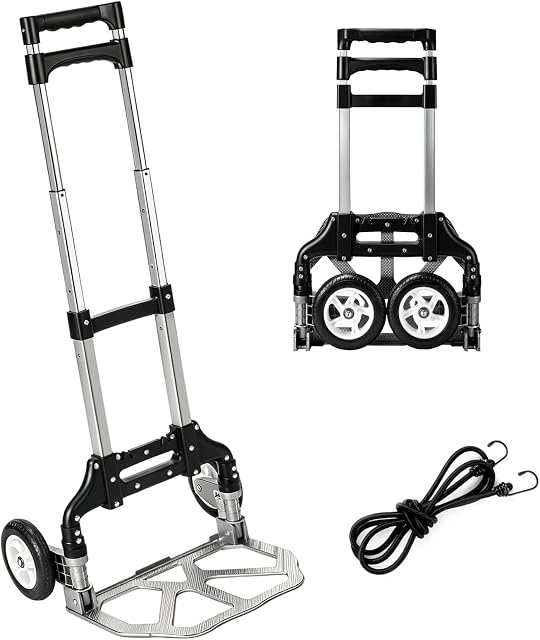 Chariot à main pliant Portable Chariot pliable à main à bagages en aluminium Dolly Cart Push Truck Noir Charge maximale 180 lbs, avec cordon noir Bungee, poignée télescopique, roues en caoutchouc avec roulements doubles