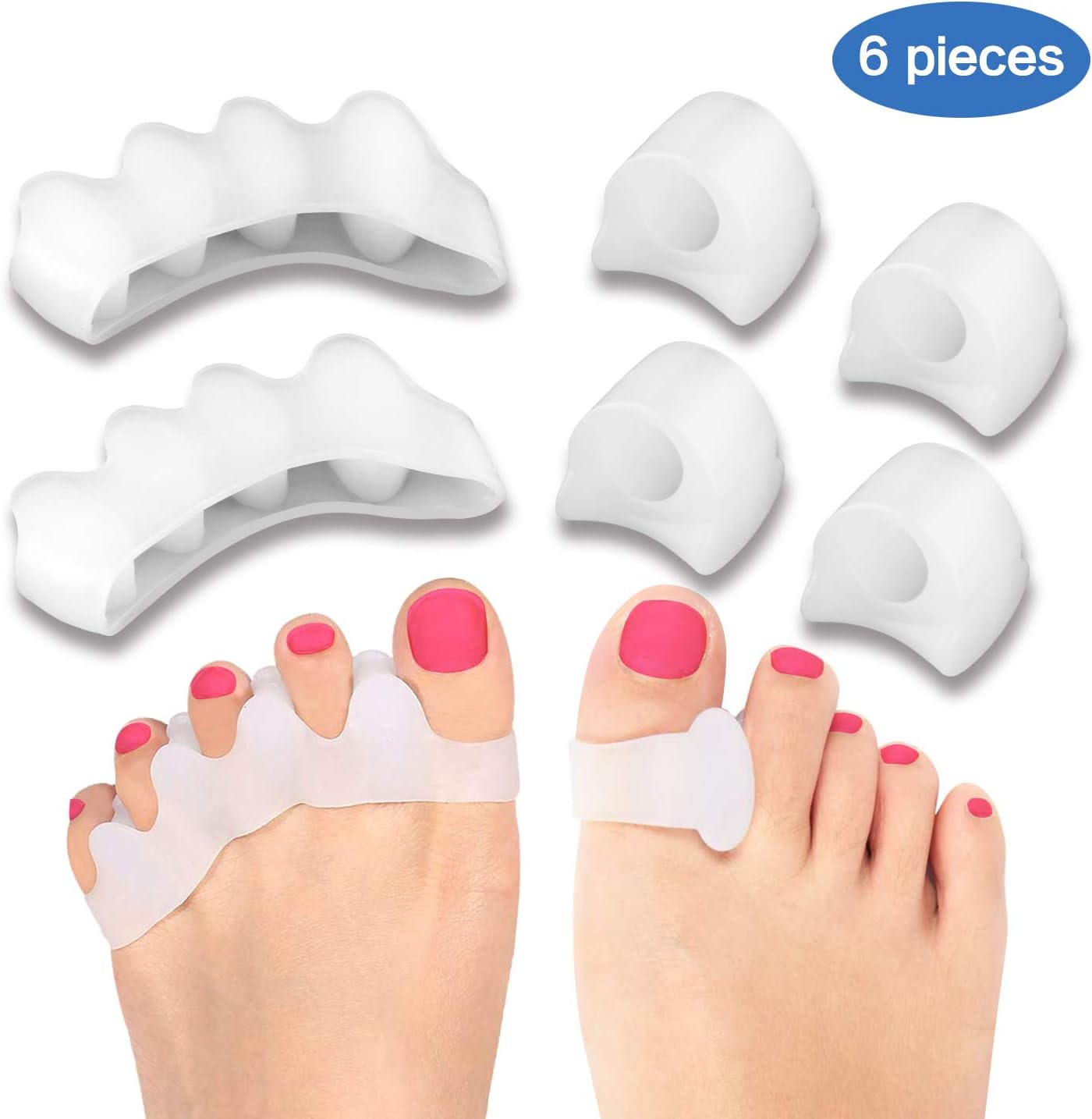 Toe Separators, 6 Pieces Toe Spacers Toe Straightener Bunion Corrector for Bunion Pain Relief, Hallux Valgus, Crooked Toes, Overlapping Toe Hammer Toes Bunions, Gel Bunion Toe Separators Kits (White)