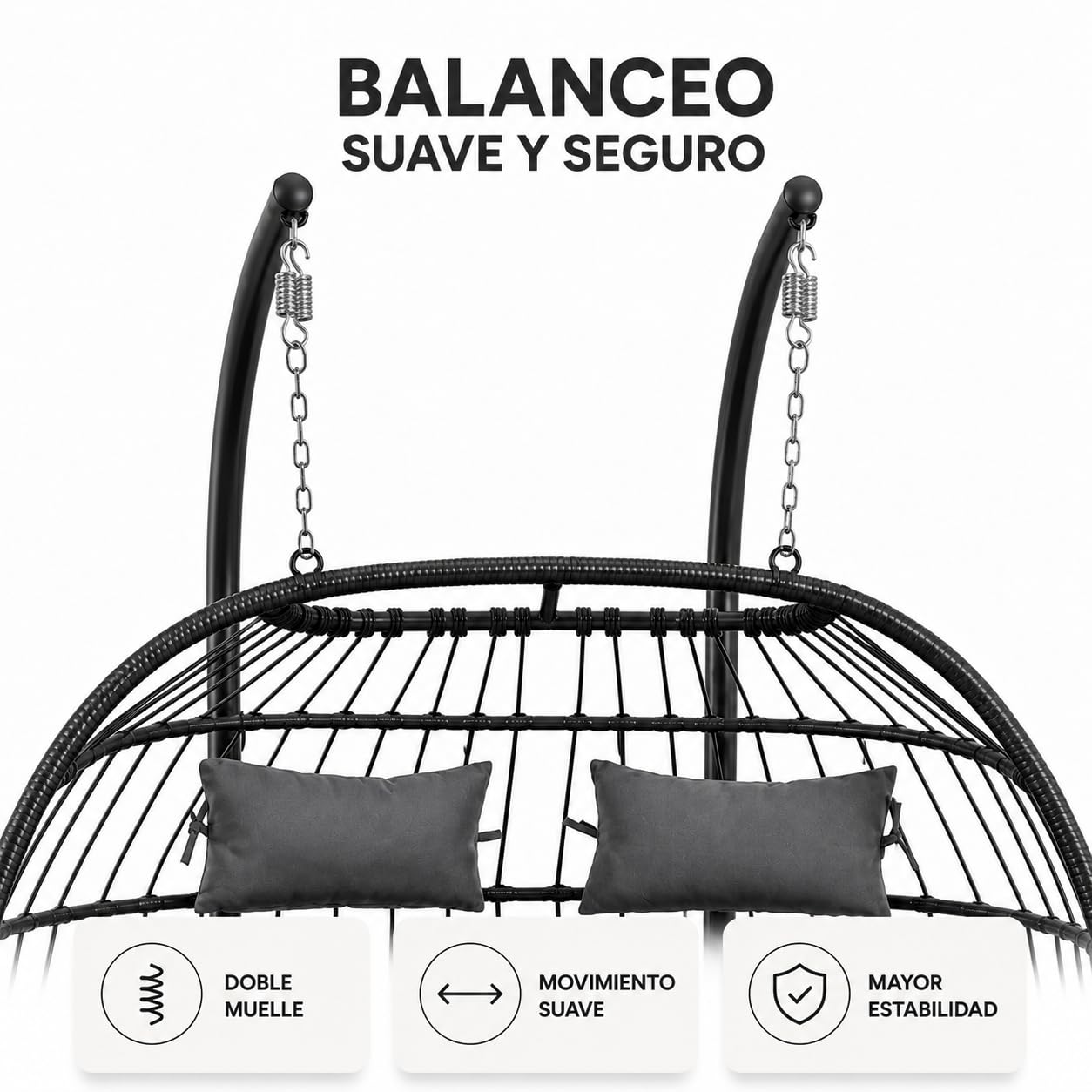 Silla Colgante Doble Huevo 2 Personas – Columpio de Ratán PE con Cojín de Alta Densidad, Doble Arco de Acero, Muelles de Alta Resistencia y Base Antideslizante para Terraza, Jardín, Balcón e Interior