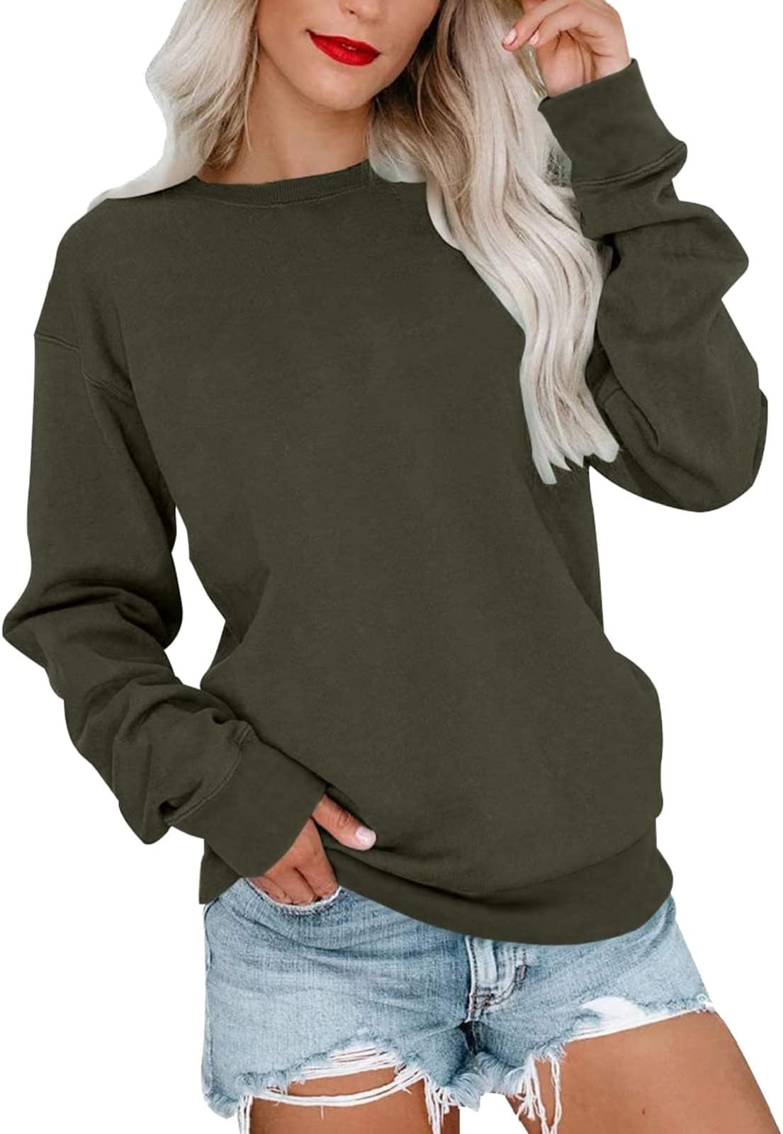 ZJHANHGKKLong Shirts for Women to Wear with Leggings Solid Casual Hoodies Full Sleeve Lightweight Pullover Tops