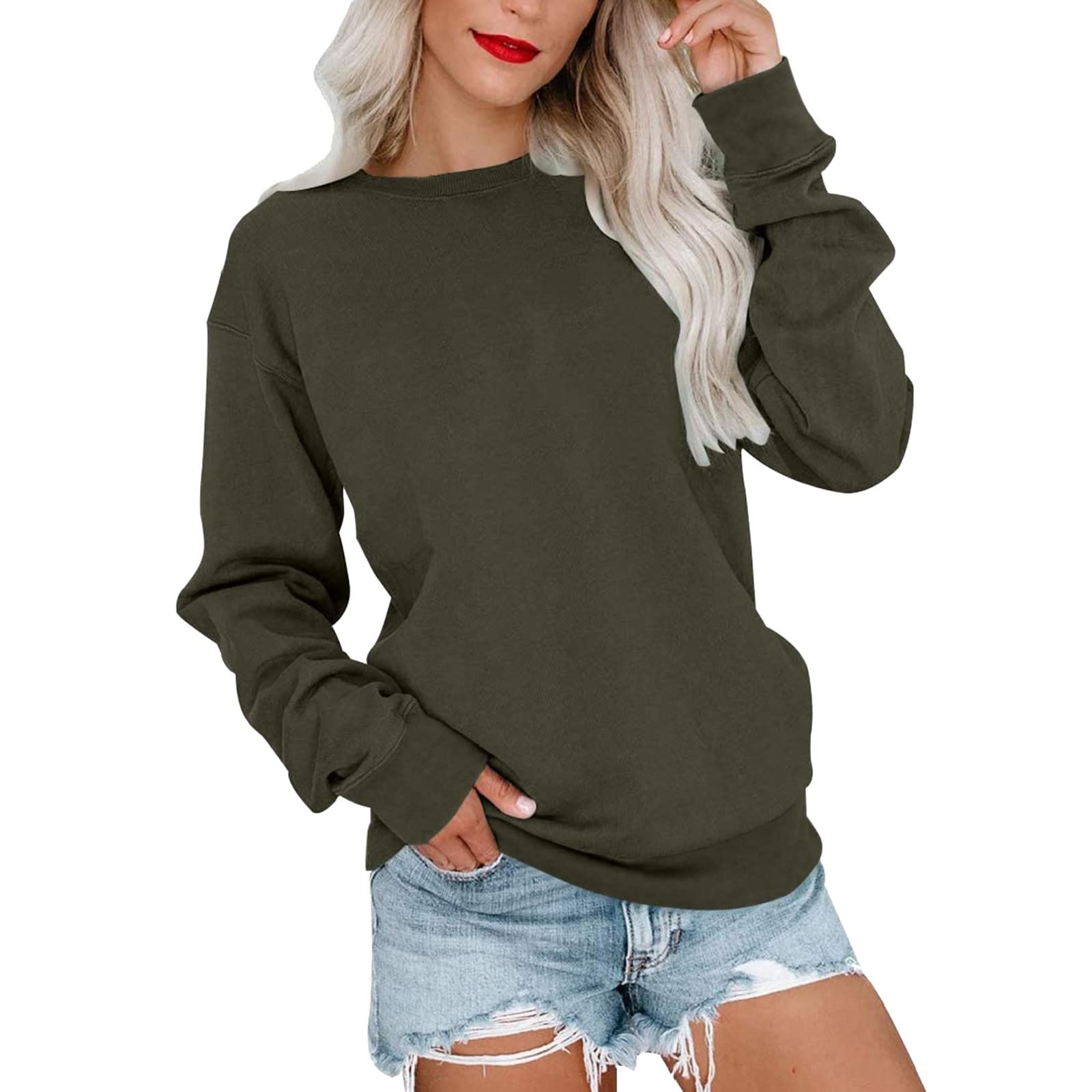 ZJHANHGKKLong Shirts for Women to Wear with Leggings Solid Casual Hoodies Full Sleeve Lightweight Pullover Tops