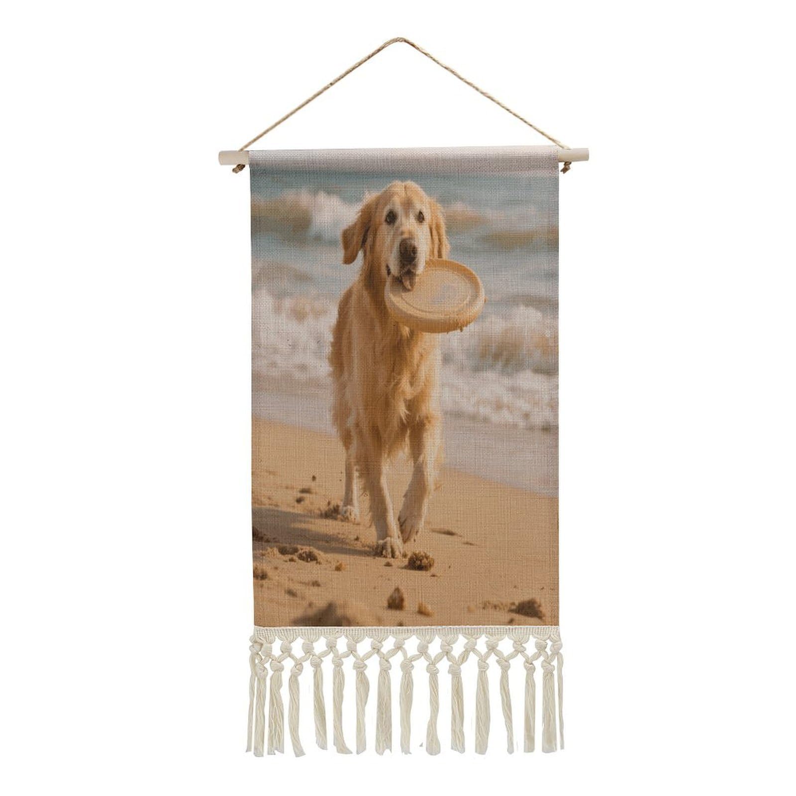 VstaDank Golden Retriever Dog Wall Art Decor with Tassels 20"x10" Cotton Linen Hanging Tapestry Decor Wall Art Prints Wood Frame Boho Wall Art Poster for Bedroom Living Room Office