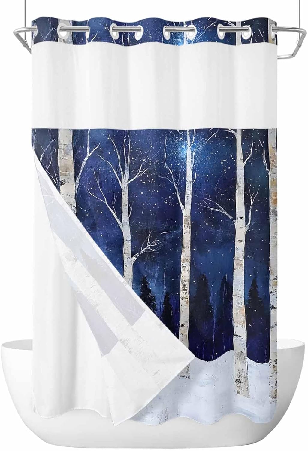 No Hook Shower Curtain with Snap-in Liner, Blue Forest Waterproof Fabric Bathroom Curtains, Vintage Night Trees Trunk Branch Bath Curtains & Mesh Top Window Stand Up Stall 36"x72"