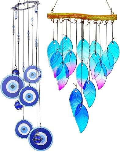 Campanillas de viento de metal para colgar de mal de ojo azul y hojas de vidrio azul campanillas de viento