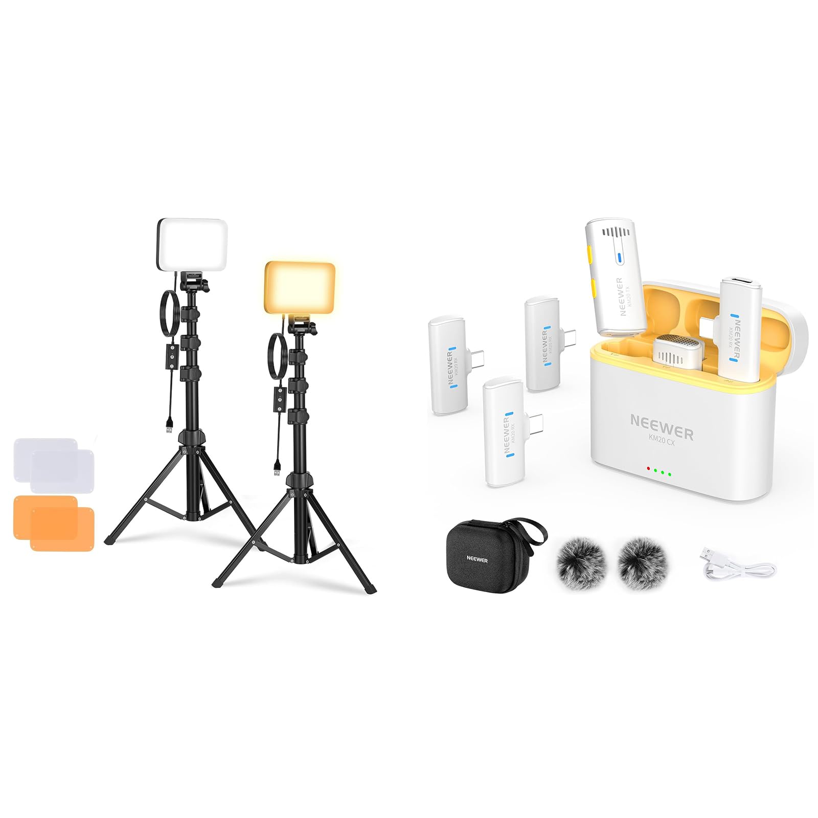 NEEWER Basics BP66 2 Pack LED Video Light Panel Lighting Kit + KM20 Wireless Lavalier Microphone System for iPhone Android Phone Computer Tablet, White