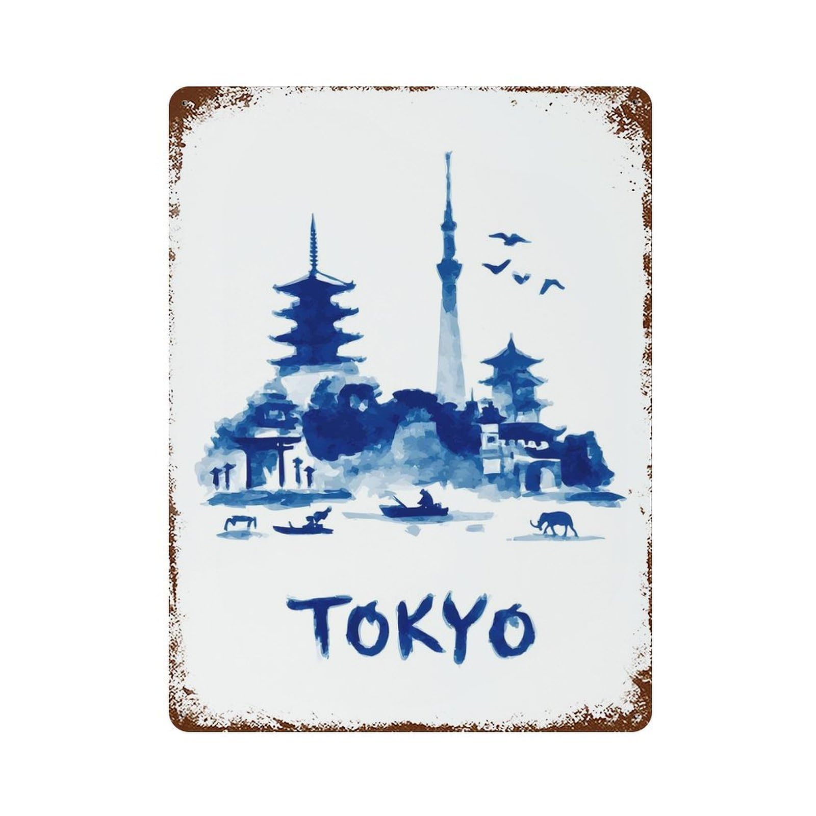 Tokyo Watercolor Skyline Vintage Metal Tin Sign 15.7"x11.8", Ideal for Basement, Hobby Room And Garage Decor
