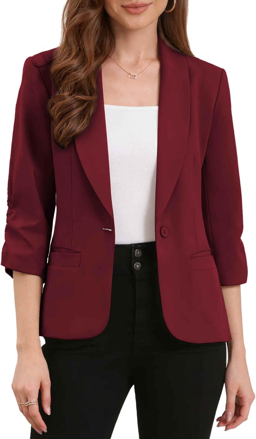 Allegra K Blazer for Women Business Casual Ruched 3/4 Sleeve Lapel Trendy Suit Jackets with Pockets