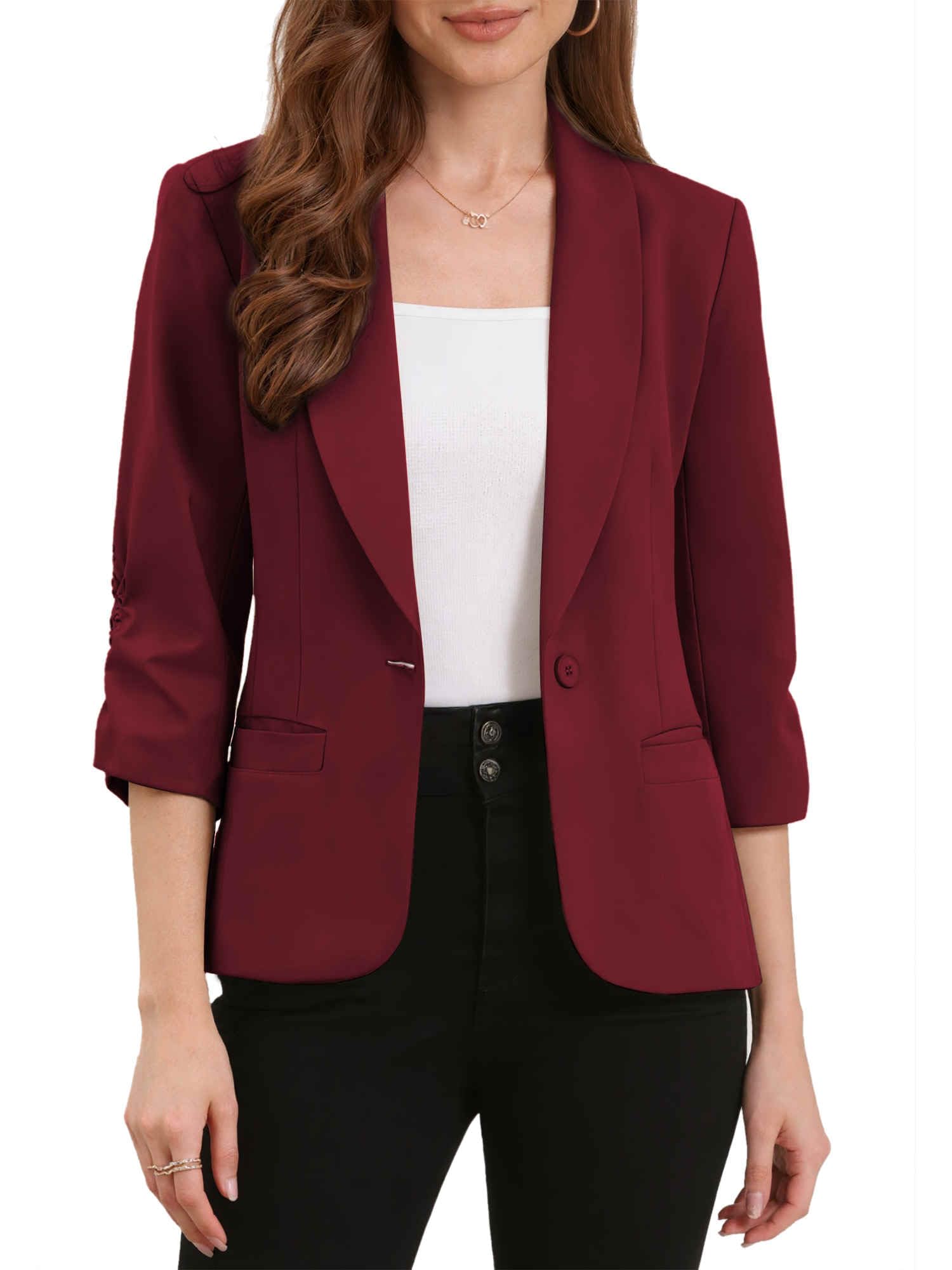 Allegra K Blazer for Women Business Casual Ruched 3 4 Sleeve Lapel Trendy Suit Jackets with Pockets