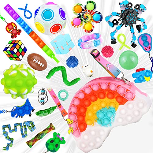 Freefa Pop Purse Fidget Toys Pack Bubble Popit Popper Popping Set, Rainbow Bag Girls Easter Mother's Day Birthday Party Favor Infinity Cube 3D Balls w Sensory Gift Toys for ADHD Anxiety Stress Relief