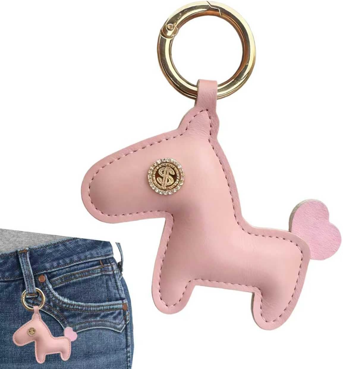 Cute Leather Horse Keychain, Adorable Horse Car Keychain with Bling Dollar Sign, Stylish Bag Charm for Women Girls, Creative Keyring for Handbag, Backpack (Pink)