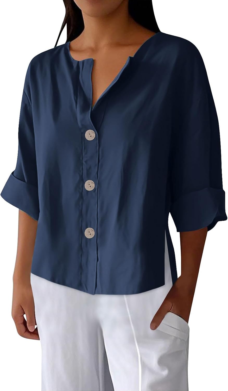 Women's Cotton Linen Tops 3/4 Roll-Up Sleeve Button Down V Neck Shirts Summer Casual Loose Solid Blouses Tunic Tops