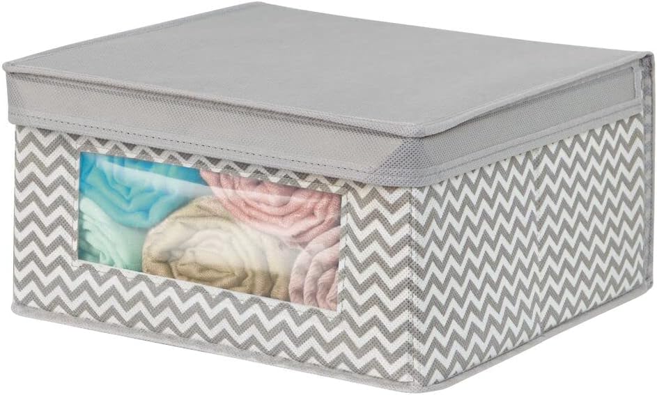 mDesign Soft Stackable Fabric Closet Storage Organizer Holder Bin with Clear Window, Attached Lid - for Bedroom, Hallway, Entryway, Bathroom - Chevron Zig-Zag Print - Medium - Taupe/Natural