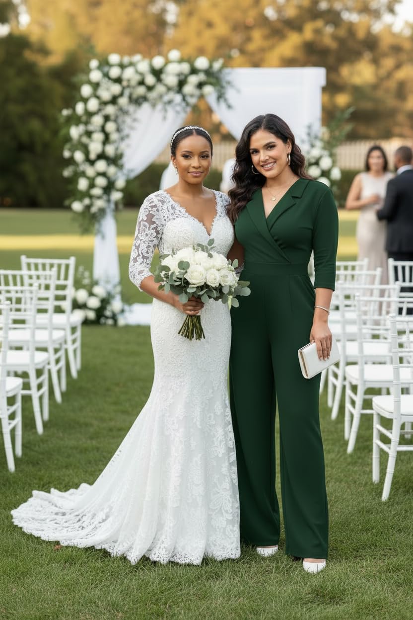 FANDEE Formal Jumpsuits for Women, High Waist Wide Leg Rompers Business Work 3/4 Sleeve One Piece Outfits with Pockets - Image 2