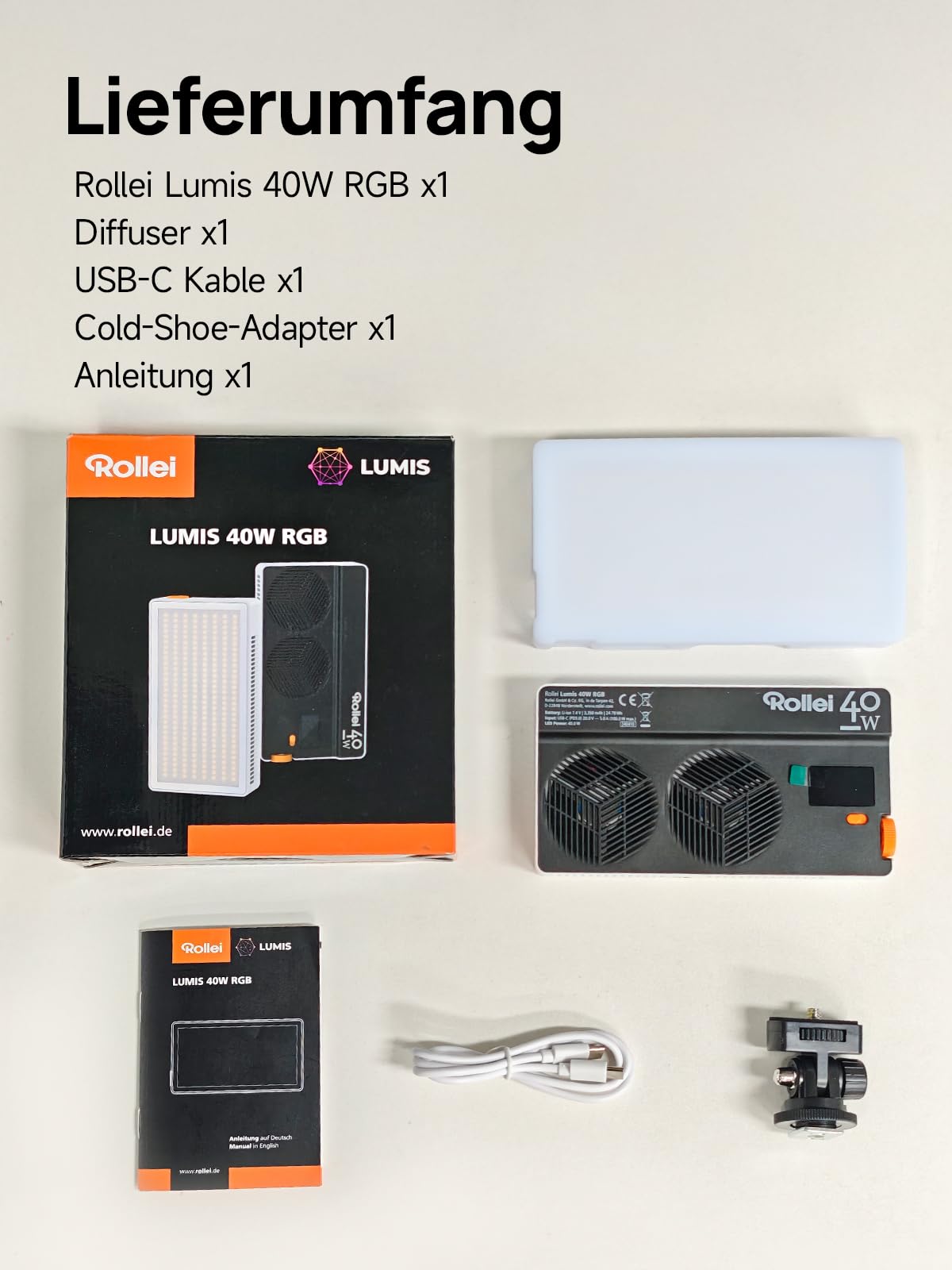 Rollei Lumis 40W RGB Led Videoleuchte, Kamera Licht mit Eingebautem Akku und Typ-C-Aufladung 5645 Lux CRI/TLCI 97+, 263g Fotolampe für Fotostudios Live Streaming YouTube TikTok