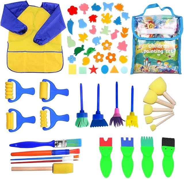FALUCKYY Sponge Paint Brushes Kids, 54 Pcs Painting Brushes Drawing Tools Kits, Paint Brushes Sponge Kits for Kids Toddlers, Children Early DIY Learning Paint Sets Pattern Brushes Set(54Pcs)