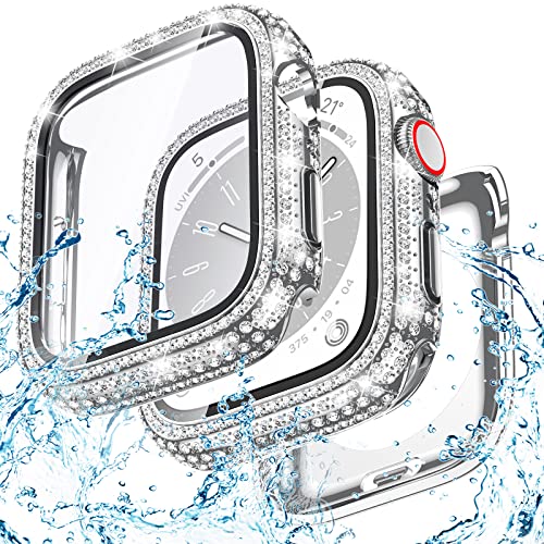 Goton 40mm Waterproof Bling Case for Apple Watch Screen Protector SE 3/2/1,Series 6/5/4 40 mm, Sparkling PC Front Bumper & Hollow Back for iWatch Cover, Splash-Resistant, Easy Install