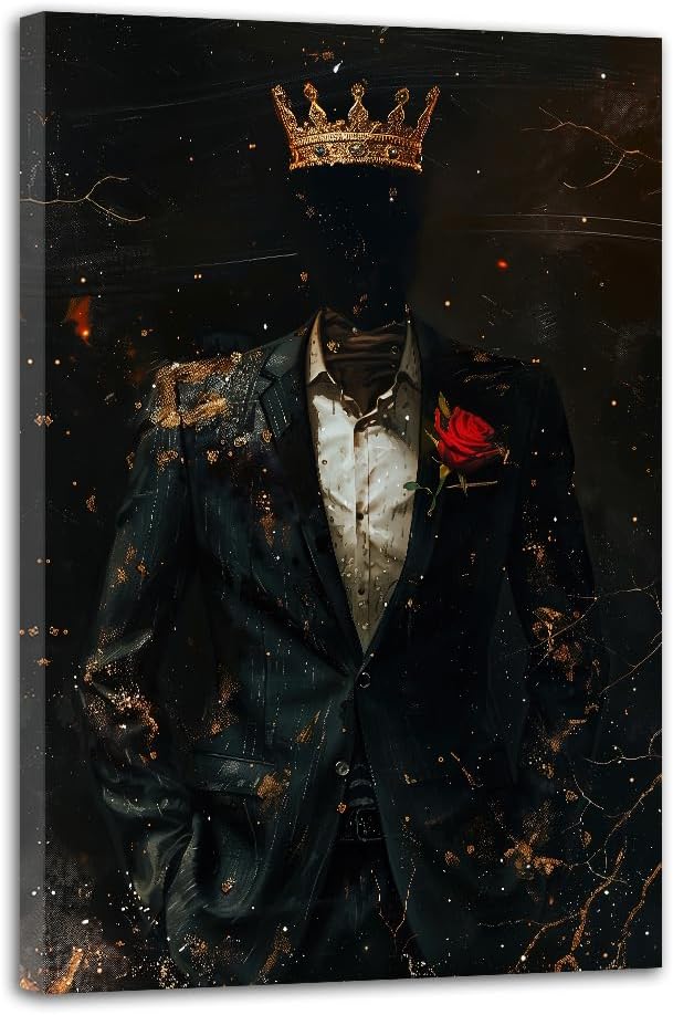 NAMENLAIMI African American Wall Art Black Man with Gold Crown Picture Paintings Afro King Canvas Prints Abstract Man Poster for Living Room Office Bedroom Decor Framed