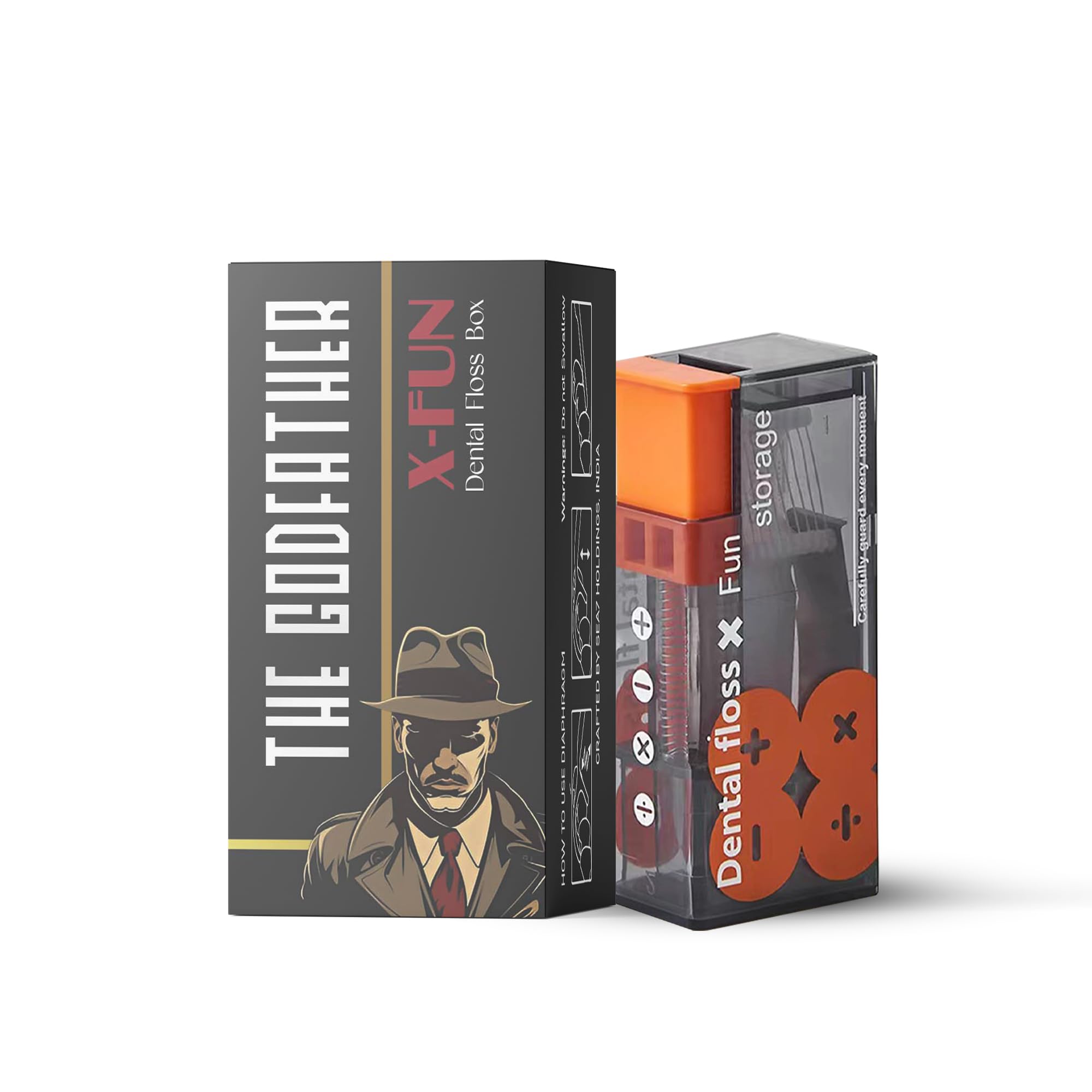 The Godfather X-Fun Dental Floss Sticks, 60 Premium Floss Picks Included (10 Preloaded + 50 Extra Refills) for Extended Use, Push Button to Eject, Compact & Portable with One-Click Dispenser, a Travel-Ready Dental Care Solution
