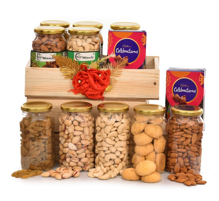 Image of NUTRI MIRACLE Diwali Gift Hamper Dry Fruits Chocolates Nuts Laddu Candles for Staff & Colleagues