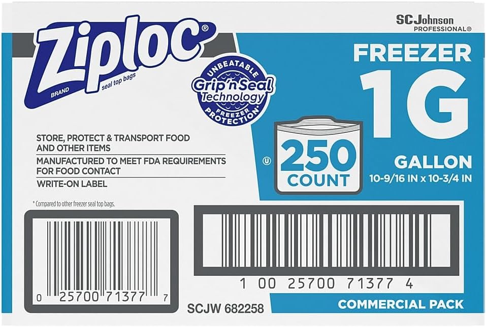 Ziploc 94604 Double-Zipper Freezer Bags, 1gal, 2.7mil, Clear w/Label Panel (Case of 250)