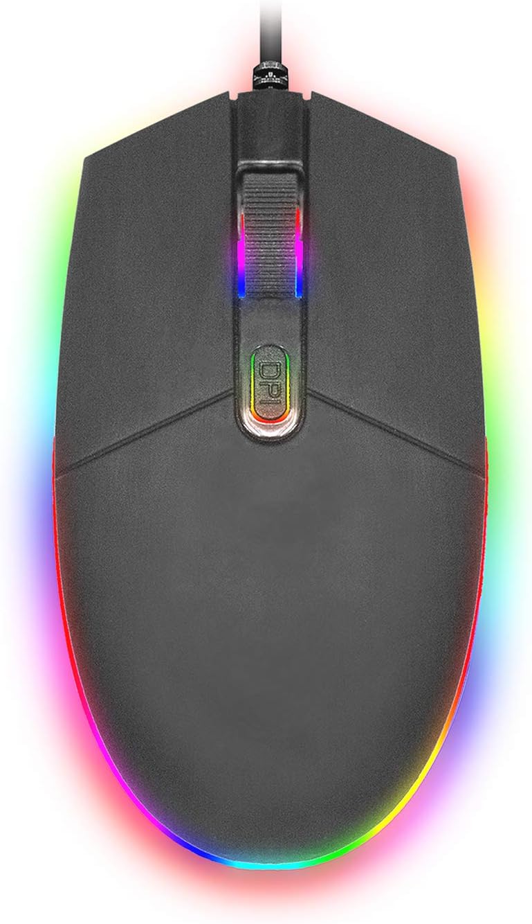 De dalt a baix view of SENTRY HPXKX50 RGB Gaming Mouse with active RGB lighting