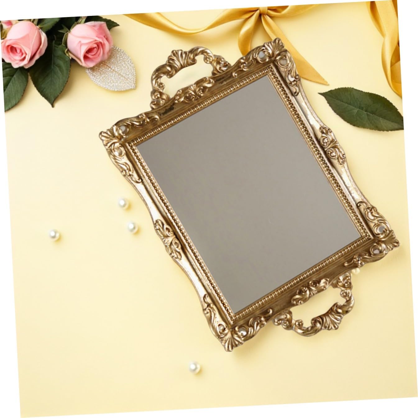 Retro Carved Mirror Tray Golden Resin Makeup Mirror Plate Cosmetics Storage Organizer Nordic Style Decorative Vanity Tray for Wedding and Home Décor