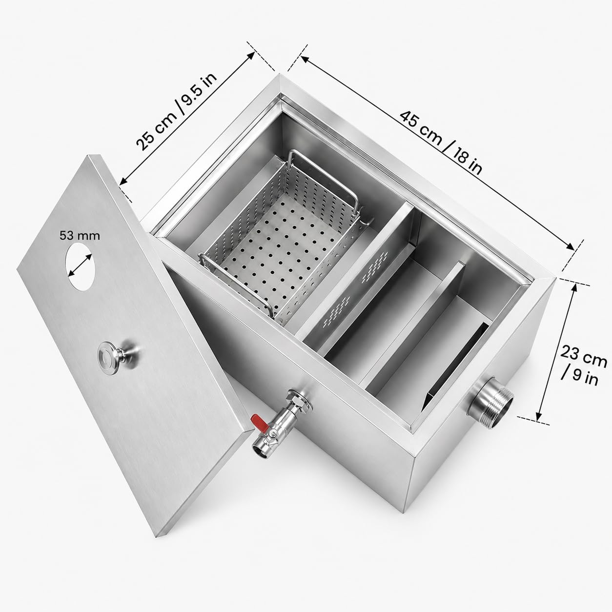 Sifone per grasso in acciaio inox, separatore di acqua sotto lavello da 0,7 mm, con cestello rimovibile, deflettori, valvola di scarico, tubo e nastro in PTFE