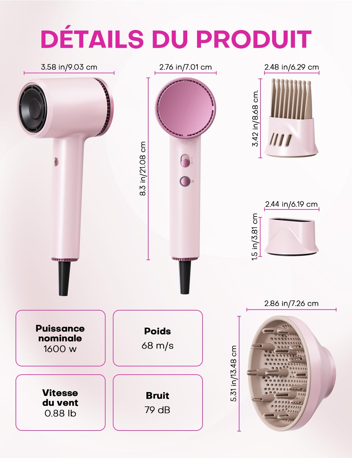 Seche cheveux ionique pour femme, seche cheveux 1600W 110000 RPM, seche cheveux diffuseur boucle, 2 vitesses 4 températures, seche cheveux de voyage, rose