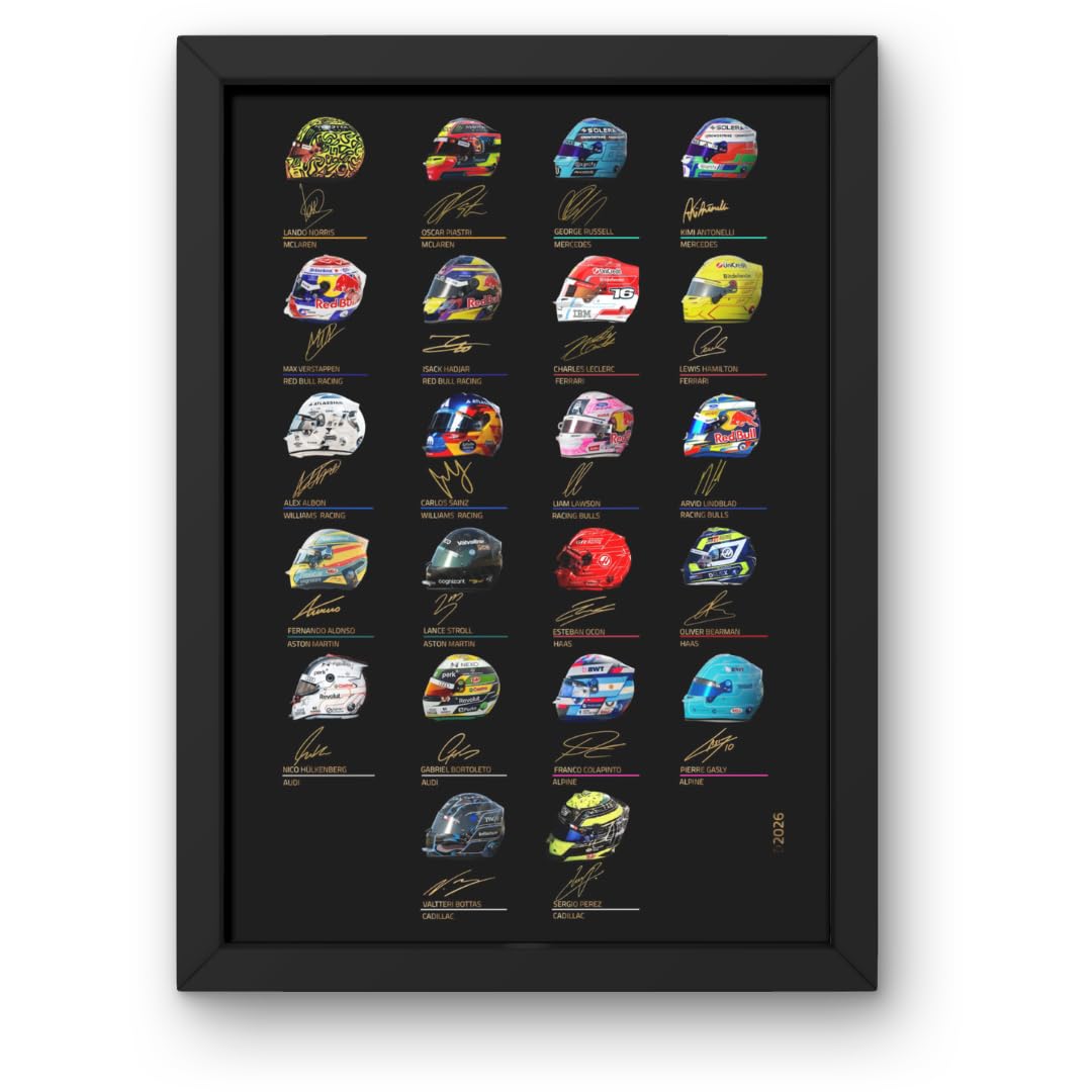 Lap Legends All Drivers Helmet Collection 2026 Framed Display Gift with Reproduced Digital Signature