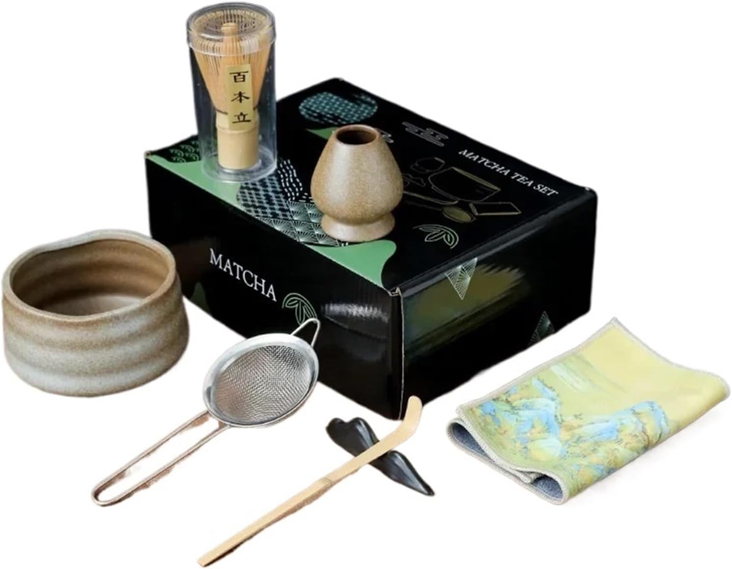 7pcs Handmade Home Easy Clean Matcha Tea Set Tool Stand Kit Bowl Scoop Gift Ceremony Traditional Accessories(Brown)