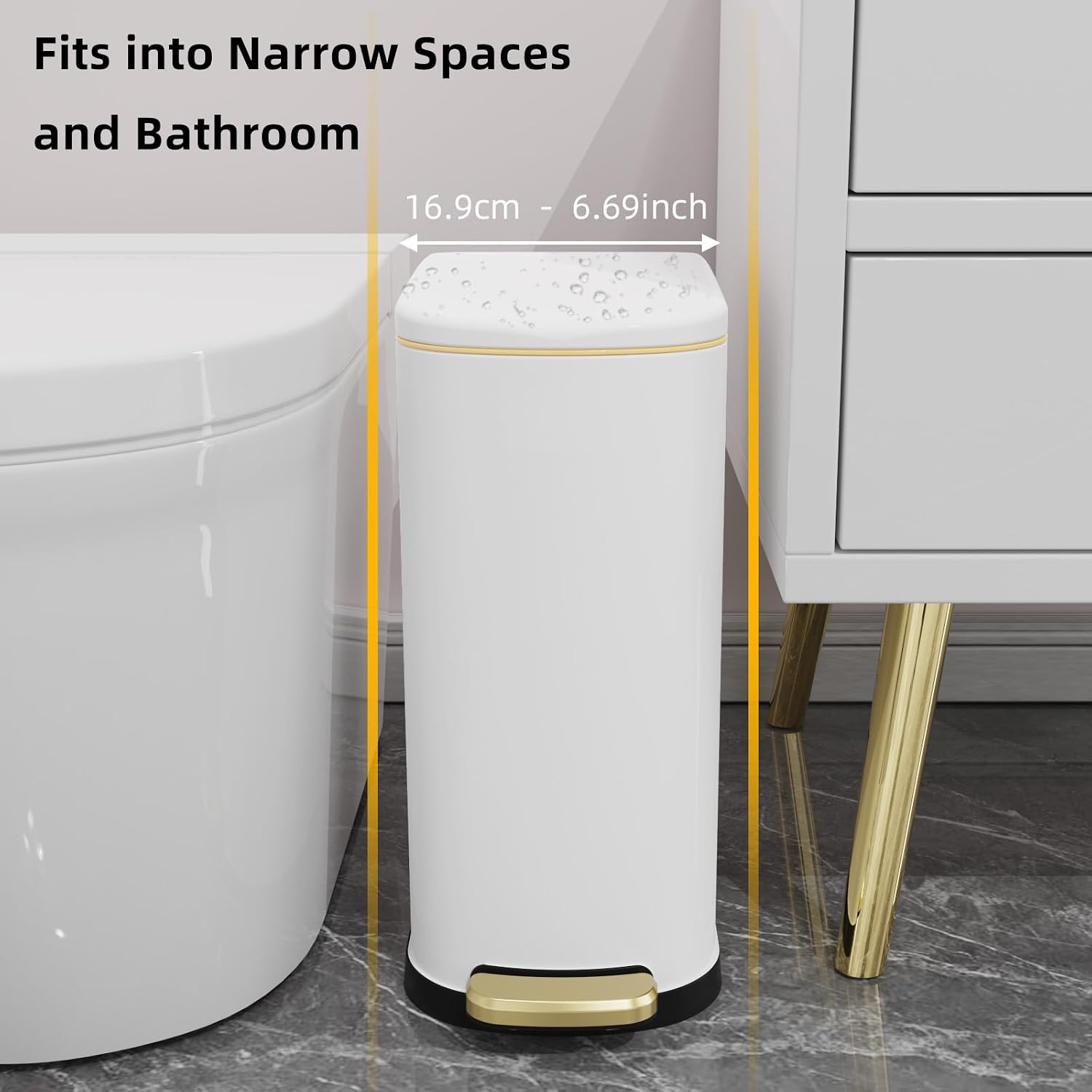 ksskss 2.6 gallon slim bathroom trash can with soft close lid, 10l stainless steel garbage can with removable liner bucket, for narrow spaces, bathroom, bedroom (white) white-style 2