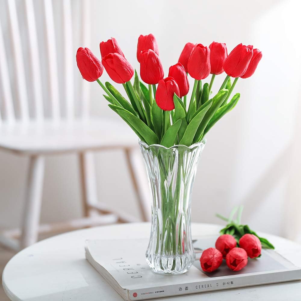 Kisflower 30Pcs Latex Tulips Real Touch Red Artificial Flowers Fake Tulips Arrangement Bouquet for Home Office Wedding Decor (Red)