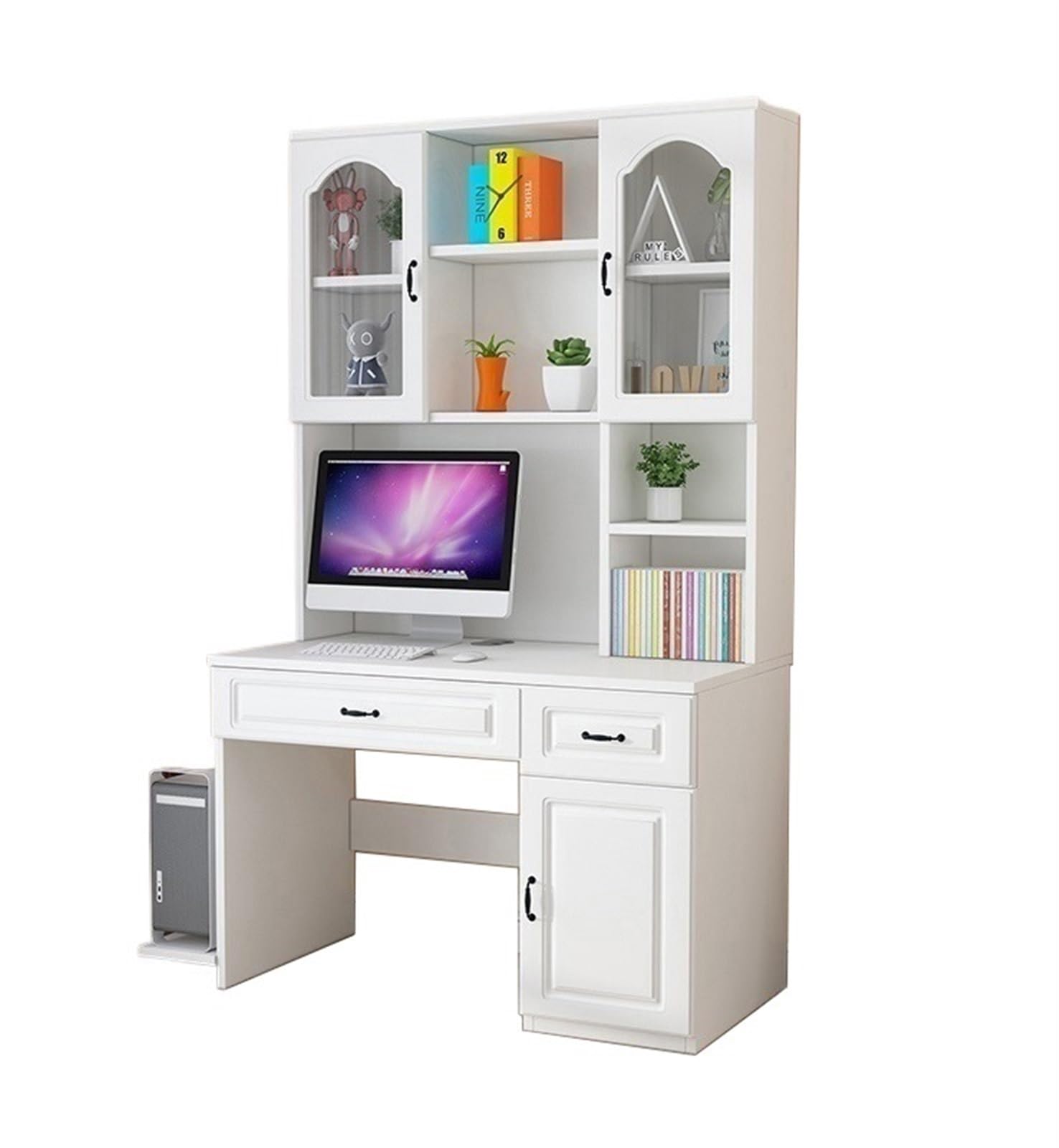ASerZenith Solid Wood Desk And Bookshelf Combination, Home Study Desk And Bookcase Integrated Writing Desk,White90X50X182.5Cm Solidwood