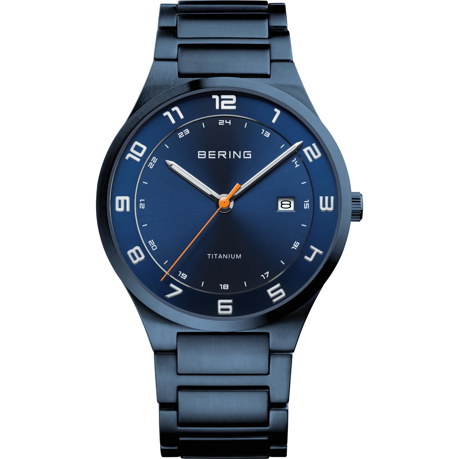 BERING Męski zegarek kwarcowy | zegarek na rękę 40 mm niebieska obudowa tytanowa i niebieska tarcza | tytanowy pasek z elementami tytanowymi | 10 ATM | 15139-797