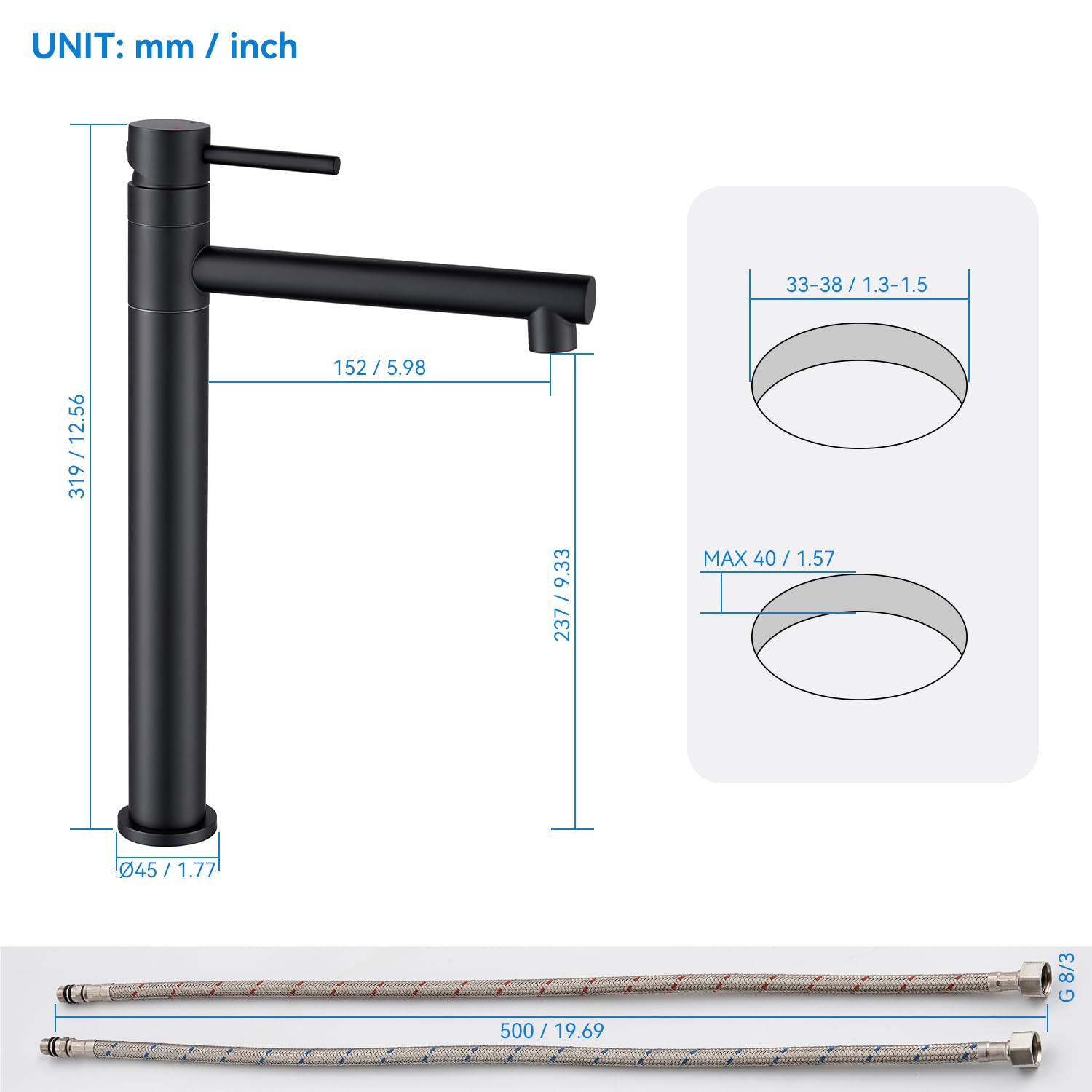 Robinet Salle de Bain, Mitigeur Lavabo Haut pour Vasque Pivotant à 360°, Mitigeur Vasque à Poser, Robinet Lave Main Acier Inox, Chaud et Froid Réglable, Noir Mat