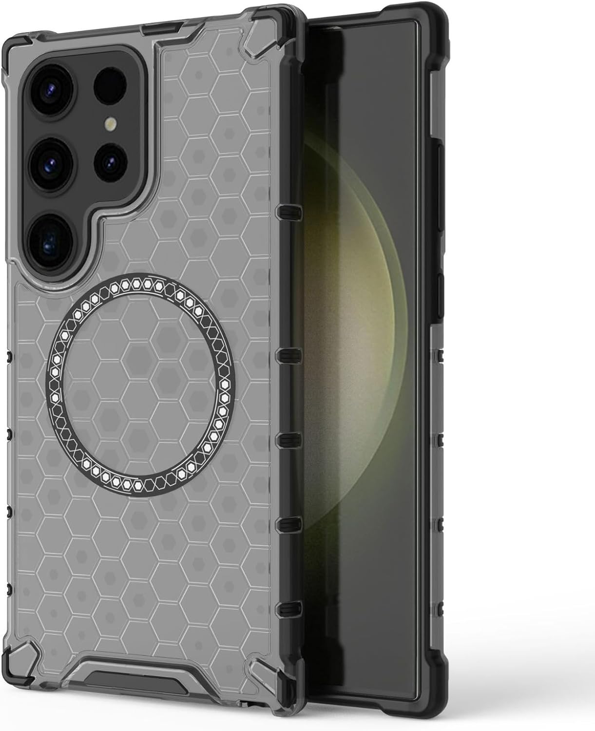 for Samsung Galaxy S22 Ultra Case Magnetic, Honeycomb Semi-Transparent Military-Grade Shockproof Anti-Scratch Protective Phone Case for S22 Ultra 6.8”, Black