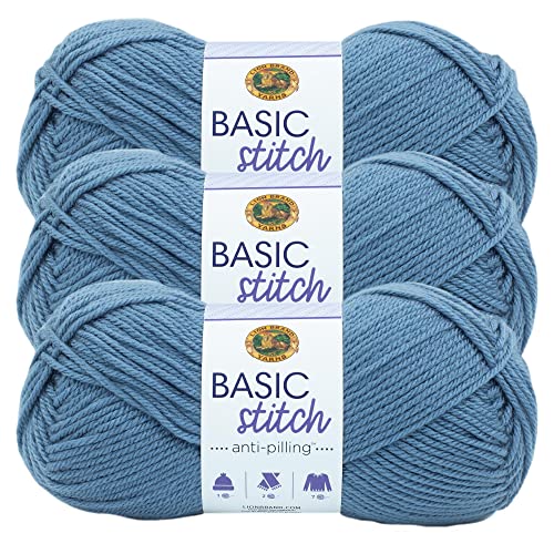Image of Lion Brand Yarn Basic Stitch Anti-Pilling Yarn for Crocheting, Knitting, and Crafts, Stonewash, 3 Pack