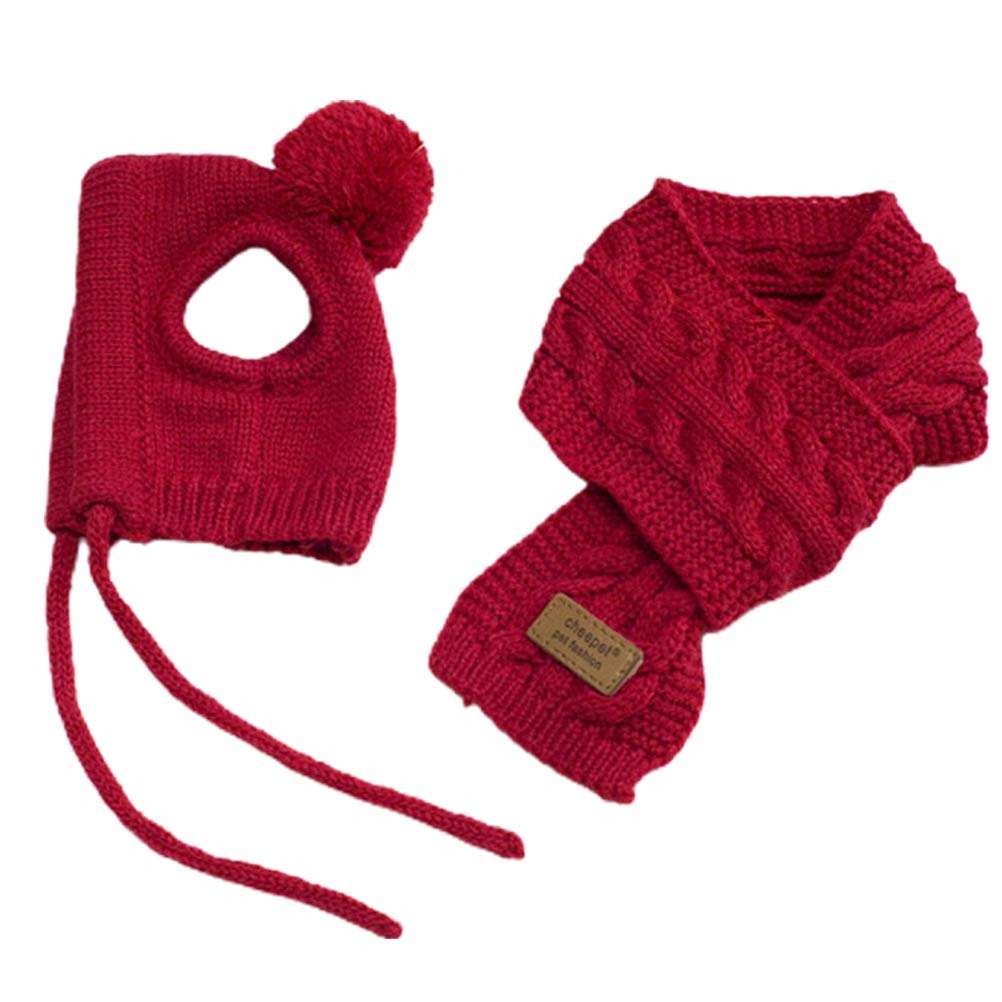 Warm Knitted Pet Hat and Scarf Set - Funny Dog Hats and Accessories for Pets - for Christmas Play - Cozy Winter Apparel for Puppies and Dogs (Red #07)